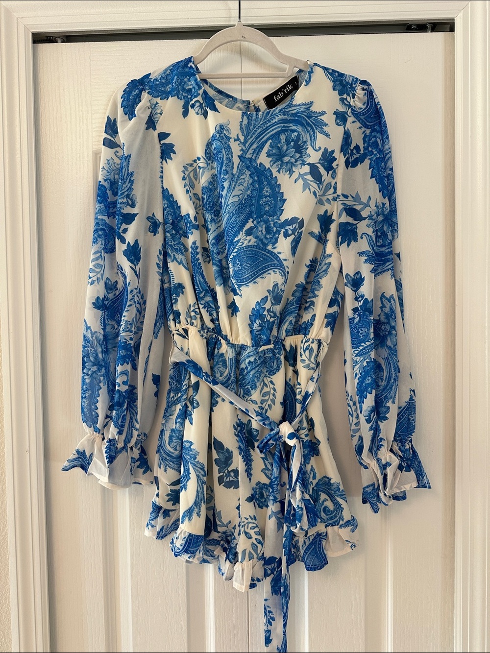 fab'rik Blue & White Paisley Tie-Waist Tunic Romper